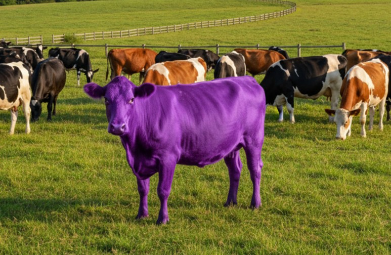 Photo of field with a purple colored cow